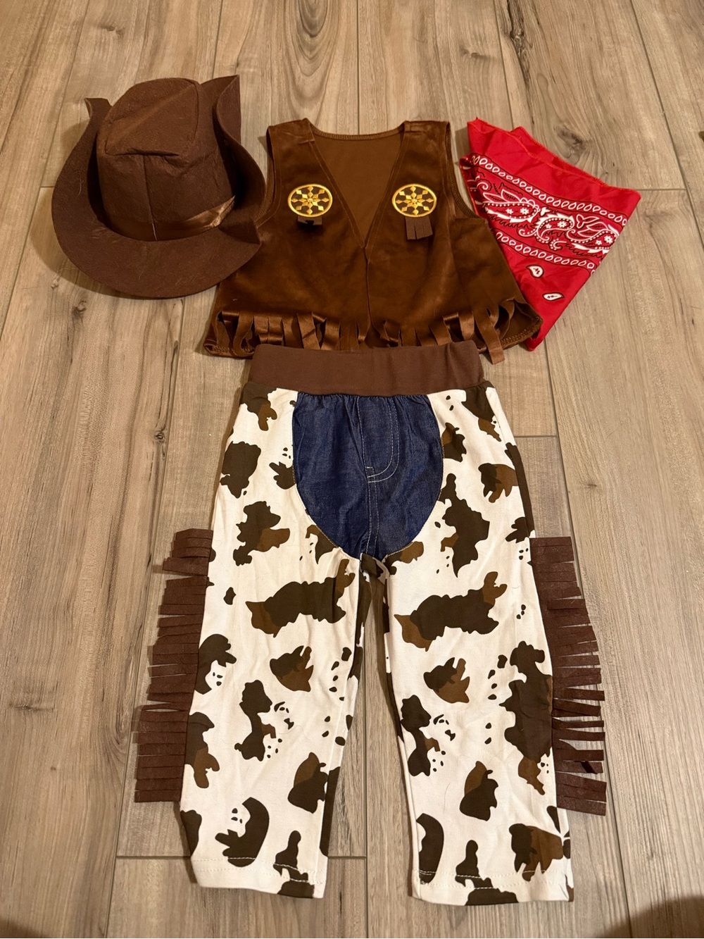 Kids Cowboy Costume Set with Brown Vest & Cowprint Pants - Red Bandana Sz 80